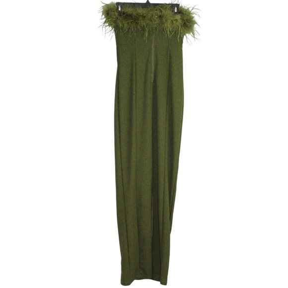 Windsor Medium Olive Green Monica Formal Dress Feather Trim Strapless Split - Picture 8 of 16